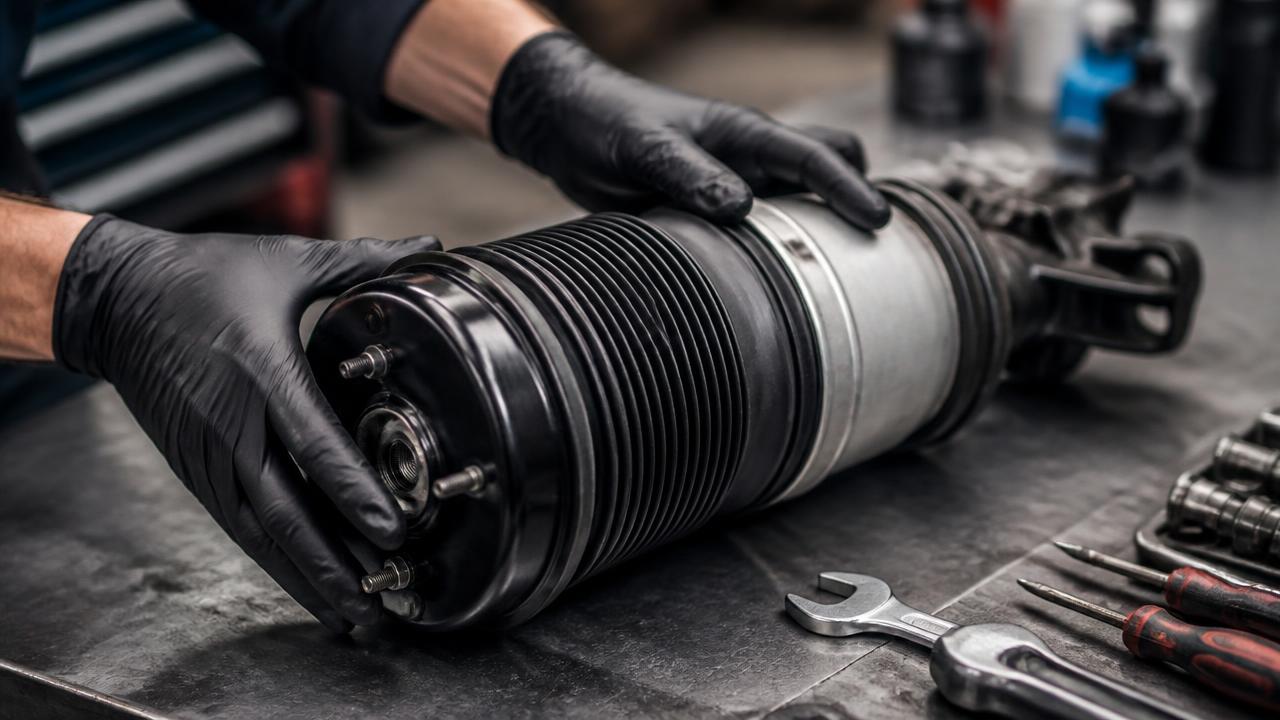 Technician inspecting an air suspension strut and air spring assembly on a workbench