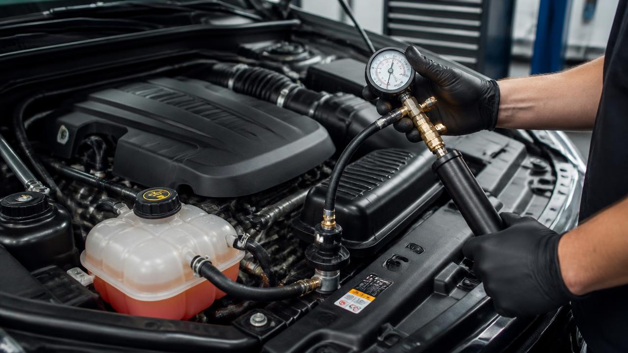 Technician pressure testing the cooling system and expansion tank on a luxury SUV engine