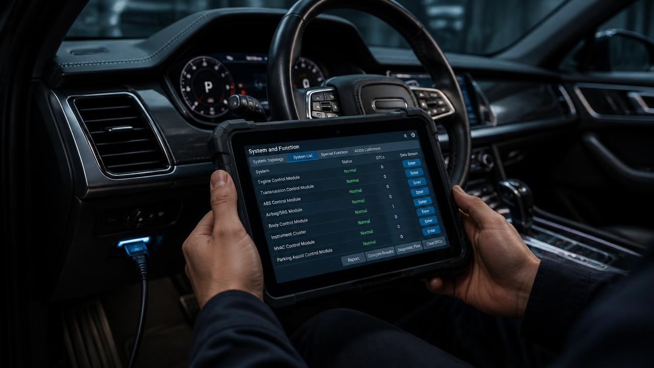Technician reading control module data on a professional scan tool inside a luxury SUV