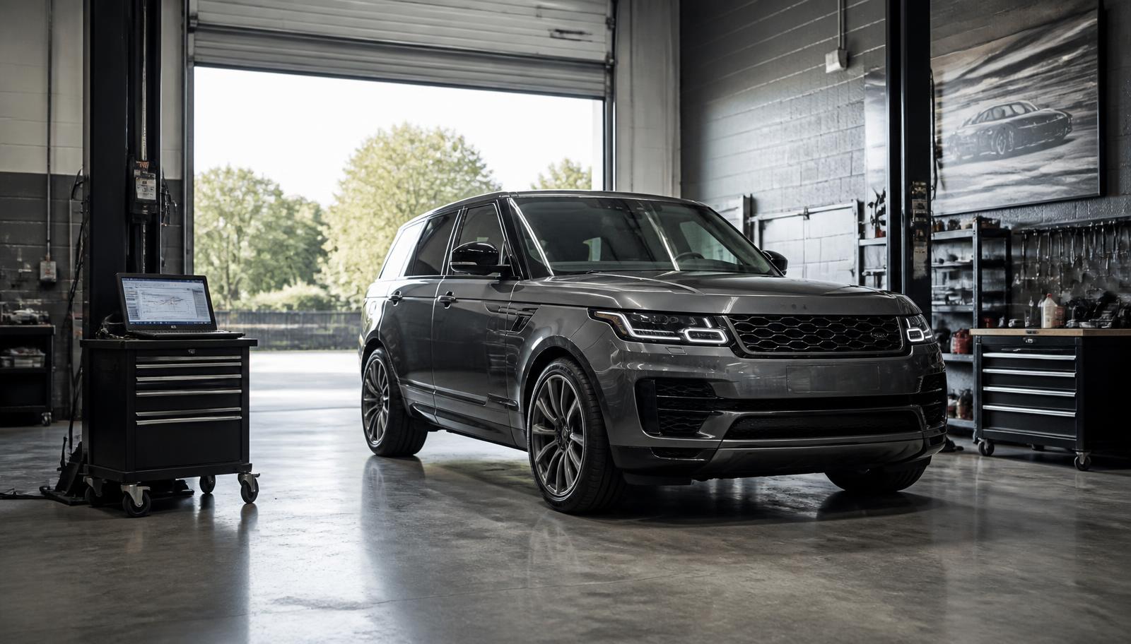 Dark grey luxury British SUV in a clean independent repair bay at Beach Auto Repair in Virginia Beach