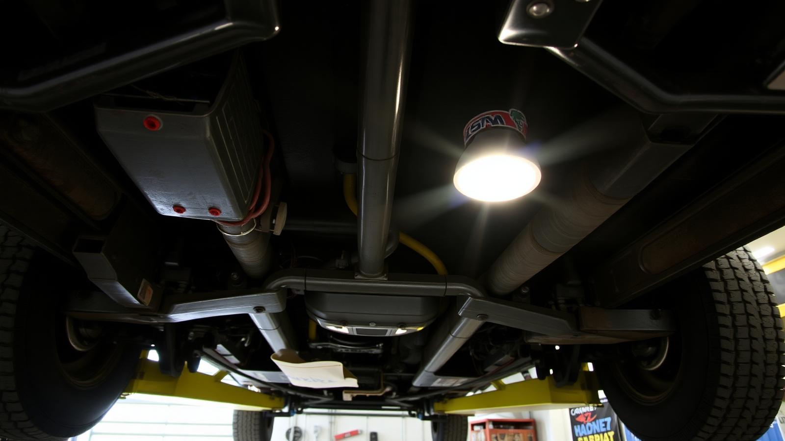 Vehicle underbody with frame rails and crossmembers visible on a shop lift