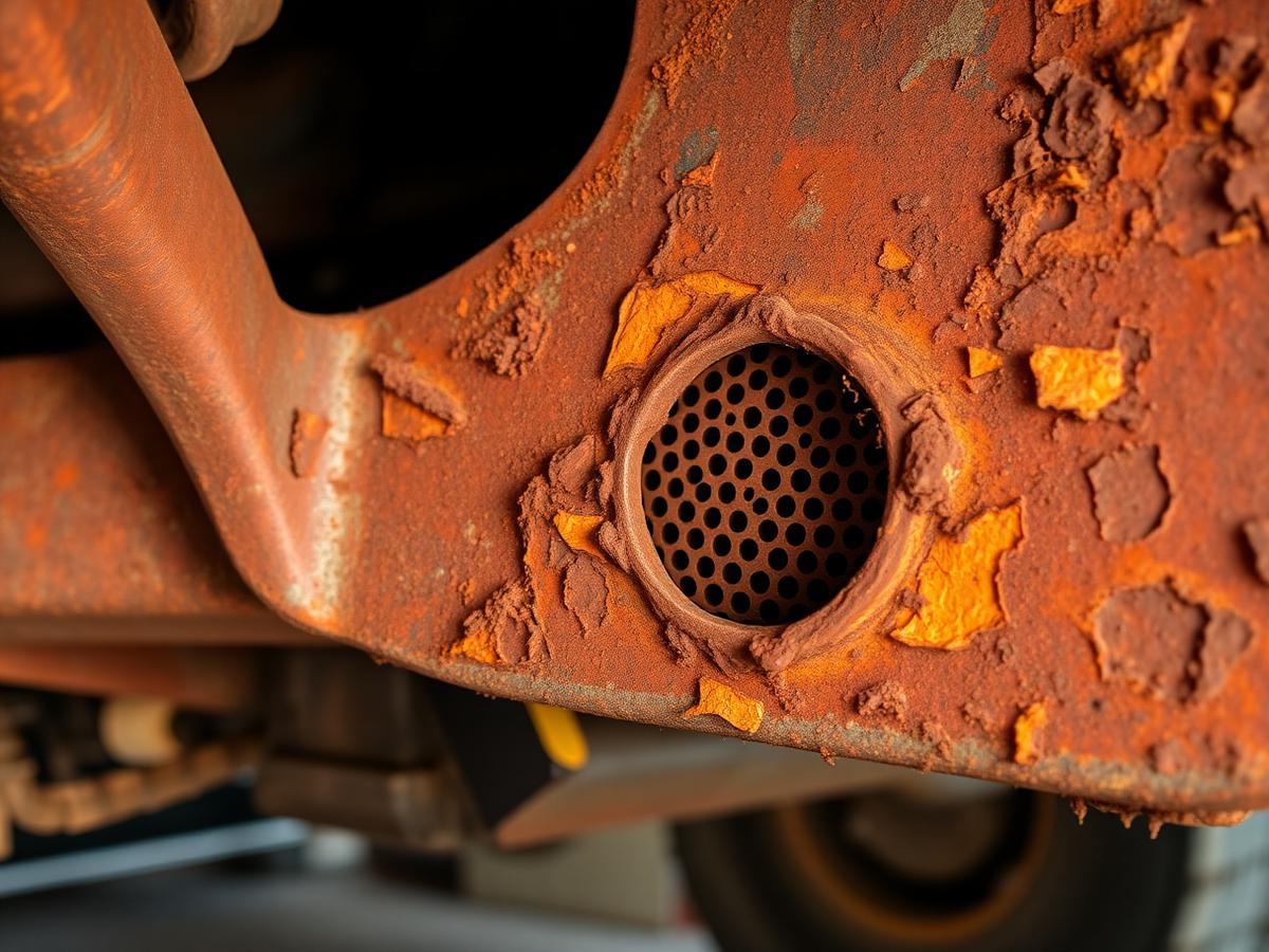 Heavy scaling corrosion and a perforated section on a truck crossmember