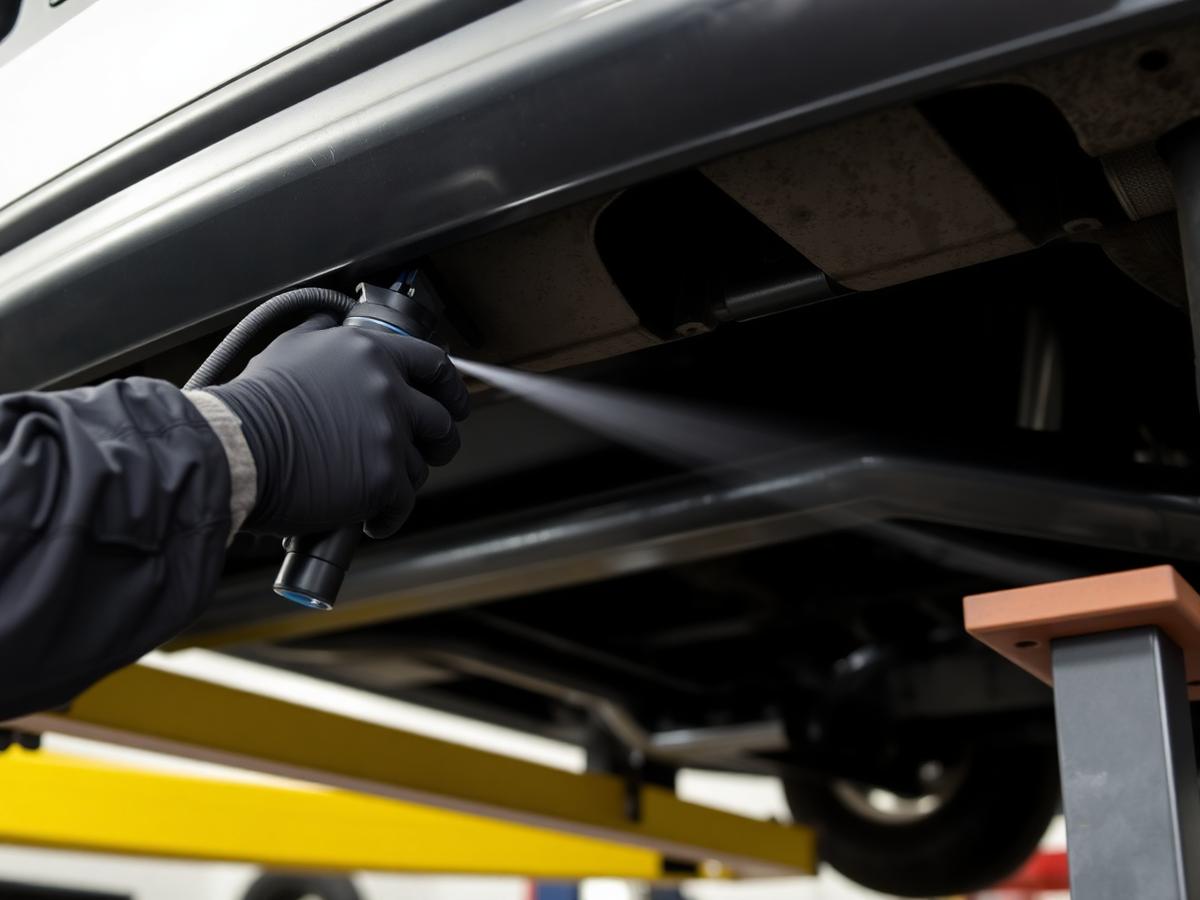 Technician applying protective undercoating to a prepared vehicle underbody on a lift