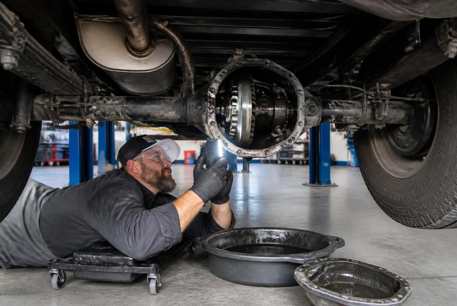 ASE-certified technician inspecting a rear differential with the cover removed at Beach Auto & Transmission Repair in Virginia Beach