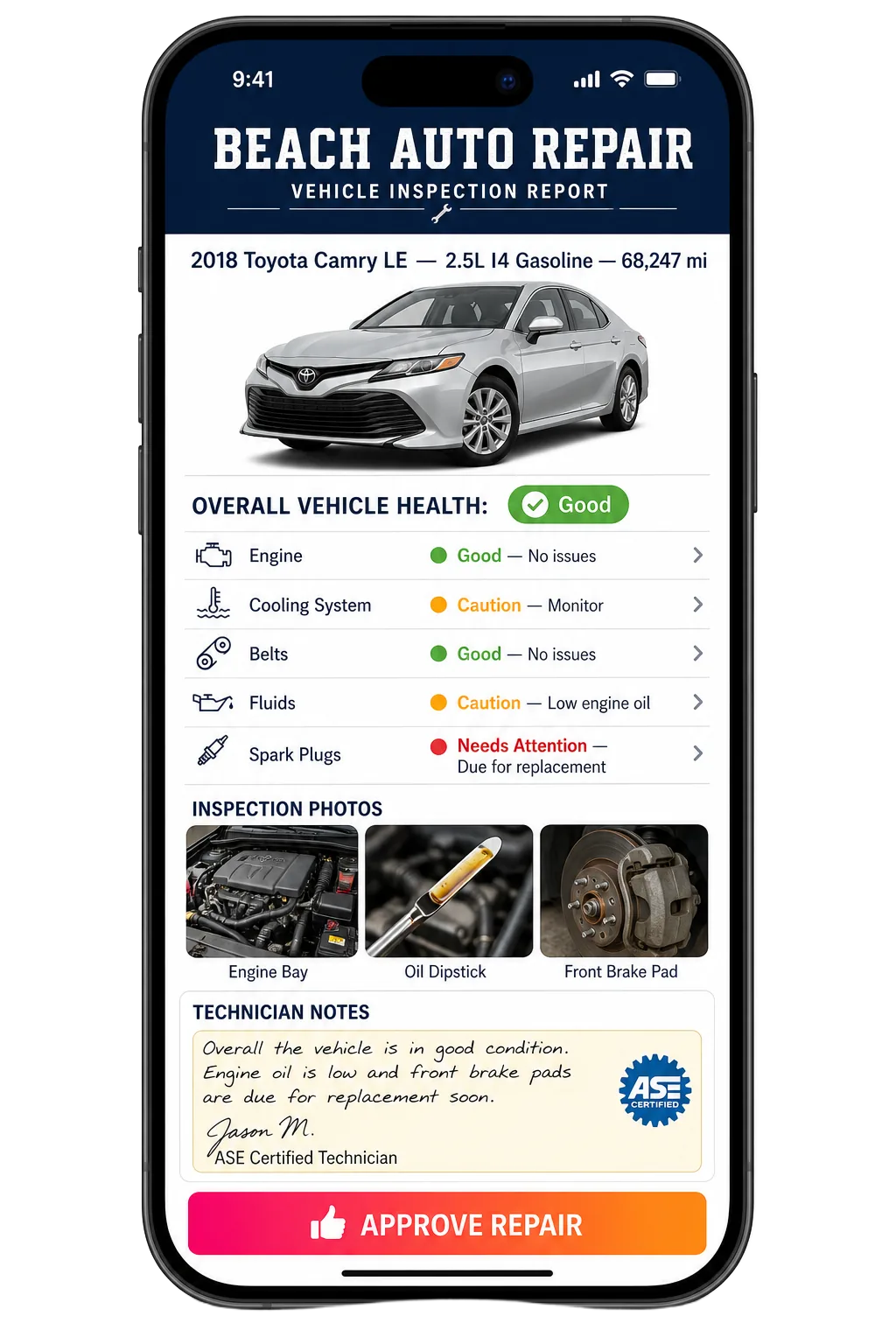 Sample Beach Auto Repair digital vehicle inspection report on a smartphone showing engine health, photos, and technician notes