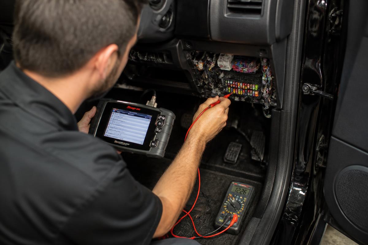 Technician using a scan tool and multimeter to test a vehicle fuse box and wiring harness after water damage