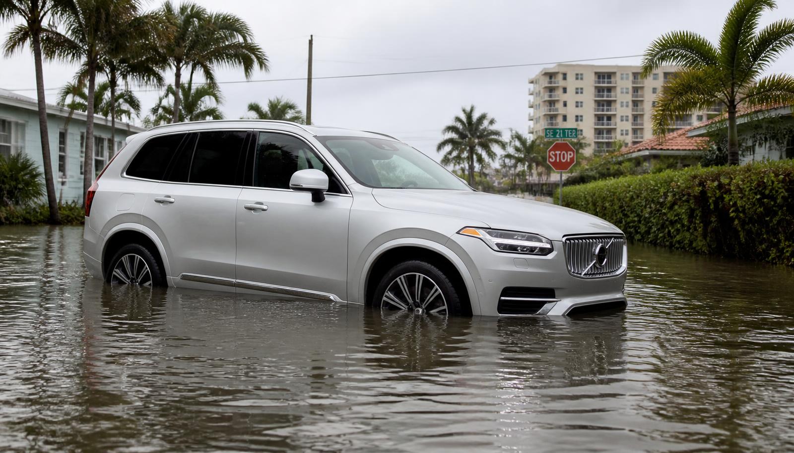 Modern SUV sitting in floodwater on a Virginia Beach street after heavy rain